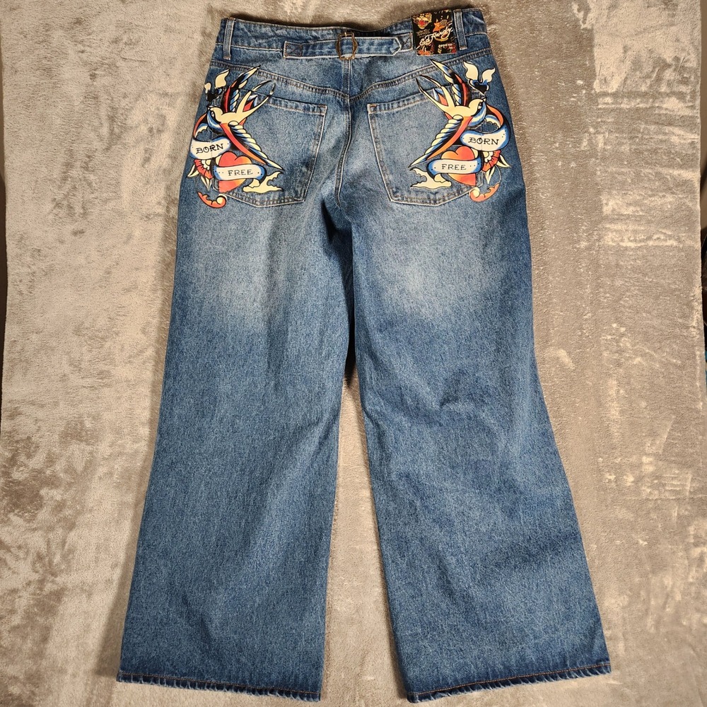 ED HARDY Women's Size 32 Blue Wide Leg Jeans Tattoo Print Embellished WEHD8500-2 - Picture 12 of 15